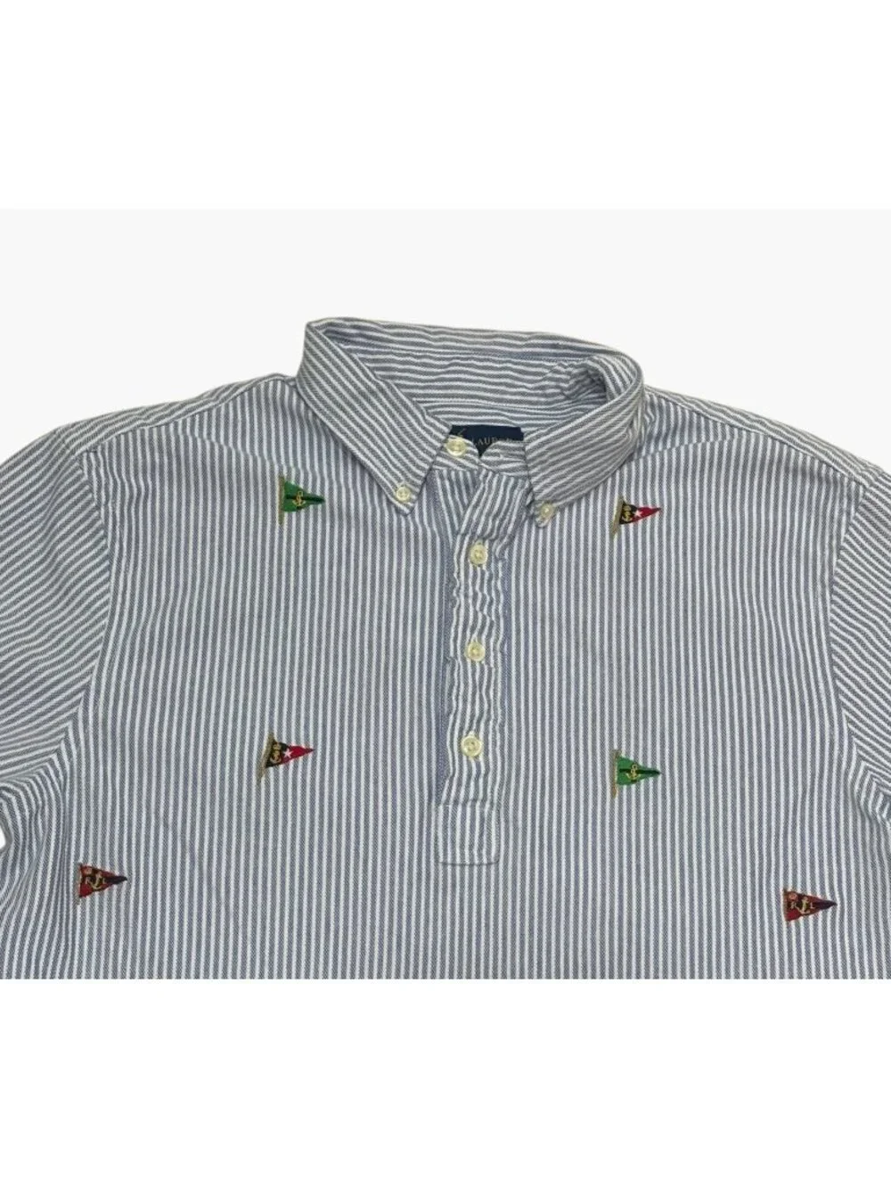 Ralph Lauren Mens Striped Knit Oxford Polo Shirt Sz M Embroidered Flags Nautical